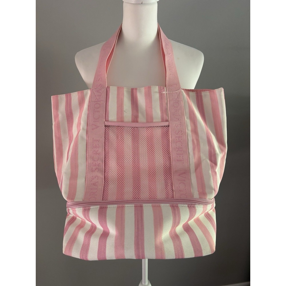 Victorias Secret barbie Pink White Stripe Cooler Tote Bag Beach Picnic Canvas